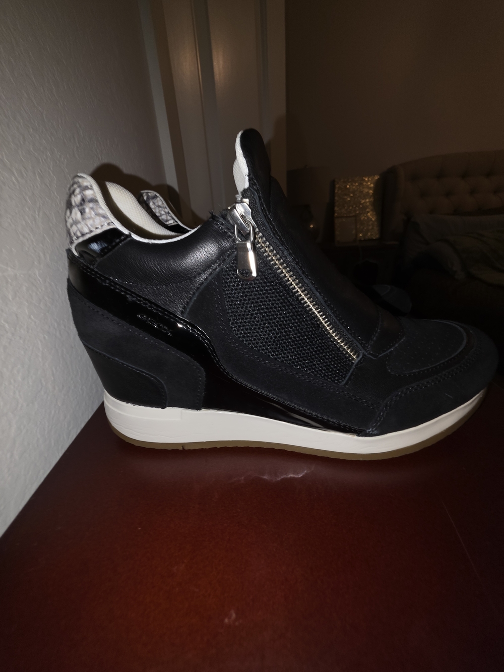 Geox Black Wedge Zip Sneaker with White Sole